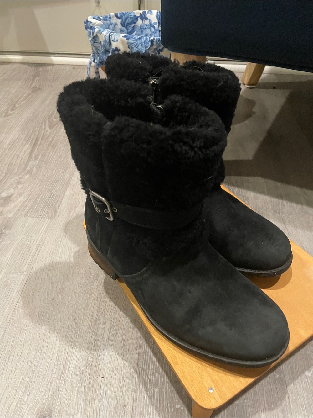 UGG Black Suede Shearling-Lined Mid-Calf Boots with Buckle Accent